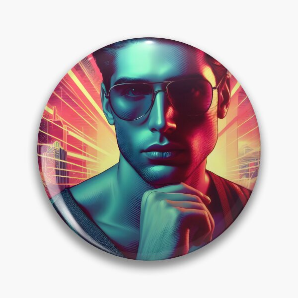 Item preview, Stylish Man in Sunglasses Against Synthwave Cyberpunk Cityscape designed and sold by DreamWavePix.
