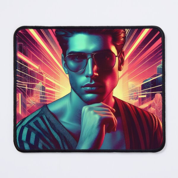 Item preview, Stylish Man in Sunglasses Against Synthwave Cyberpunk Cityscape designed and sold by DreamWavePix.