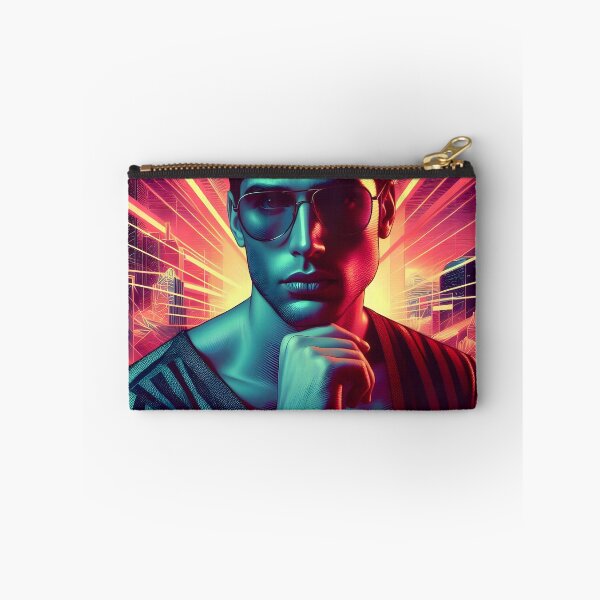 Item preview, Stylish Man in Sunglasses Against Synthwave Cyberpunk Cityscape designed and sold by DreamWavePix.