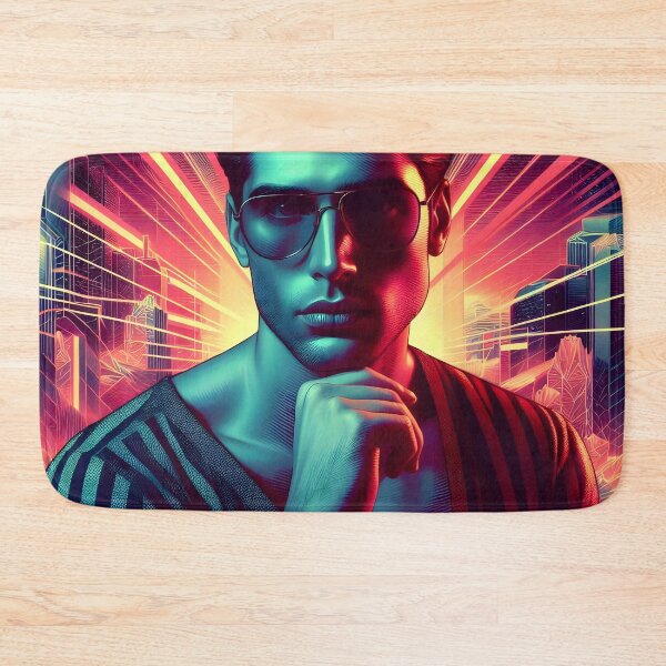 Item preview, Stylish Man in Sunglasses Against Synthwave Cyberpunk Cityscape designed and sold by DreamWavePix.