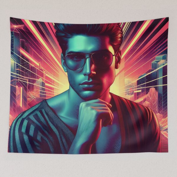 Item preview, Stylish Man in Sunglasses Against Synthwave Cyberpunk Cityscape designed and sold by DreamWavePix.