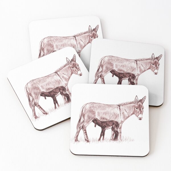 Item preview, Drawing of a donkey and her young foal suckling - reddish-brown colored version designed and sold by SylvieG18.