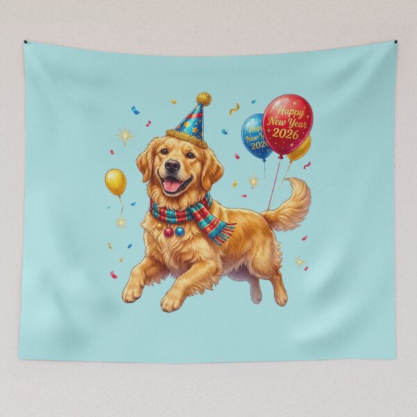 Item preview, Happy Golden Retriever Dog Running With Balloons 2026 | New Year Party Scarf designed and sold by E-SarnEdge.