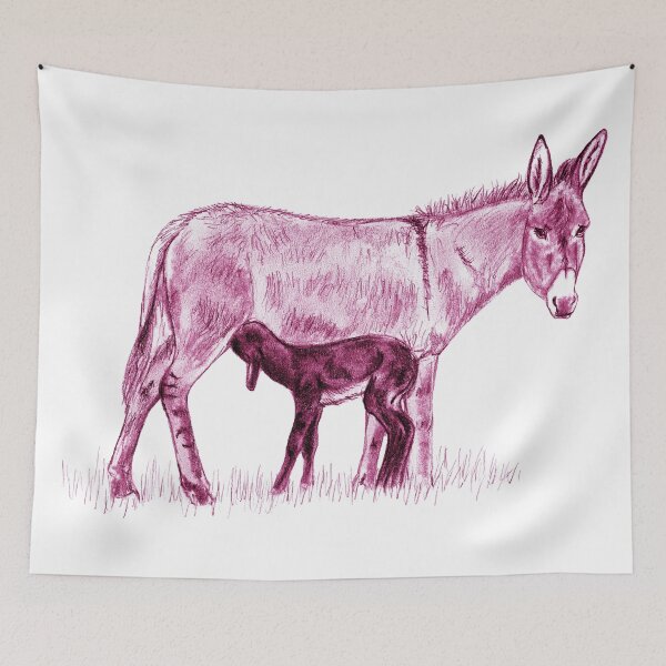 Item preview, Drawing of a donkey and her young foal suckling - pink colored version designed and sold by SylvieG18.
