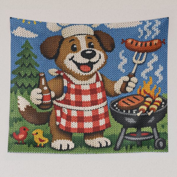 Item preview, funny knitting pattern, dog grilling meat designed and sold by Mauswohn.