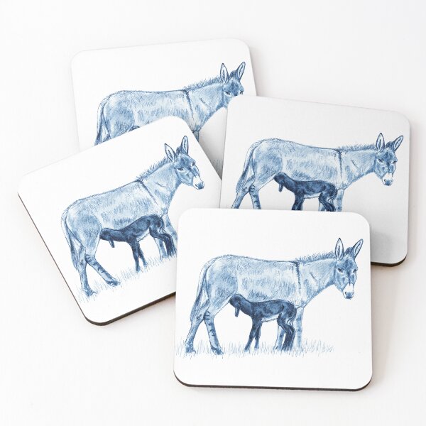 Item preview, Drawing of a donkey and her young foal suckling - blue colorized version designed and sold by SylvieG18.