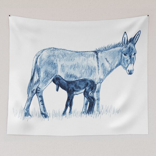 Item preview, Drawing of a donkey and her young foal suckling - blue colorized version designed and sold by SylvieG18.