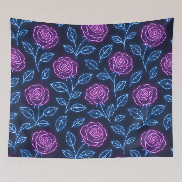 Item preview, Neon Rose Glow Pattern – Pink & Blue Floral Line Art on Dark Background designed and sold by Sksticker991.