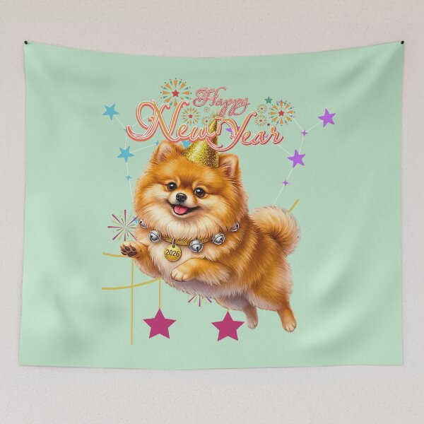 Item preview, Cute Pomeranian Dog Jumping With Bells Collar 2026 | Happy New Year Party designed and sold by E-SarnEdge.