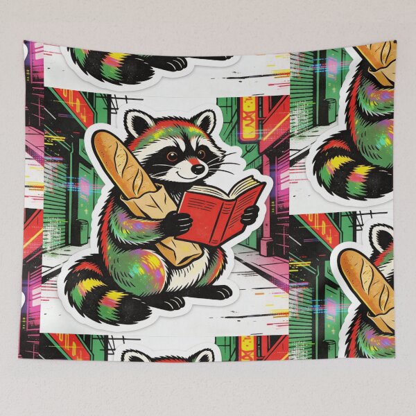 Item preview, Cyberpunk Raccoon Librarian | Retro Neon Baguette Book Worm | Aesthetic Reading Art designed and sold by Cherrydora.