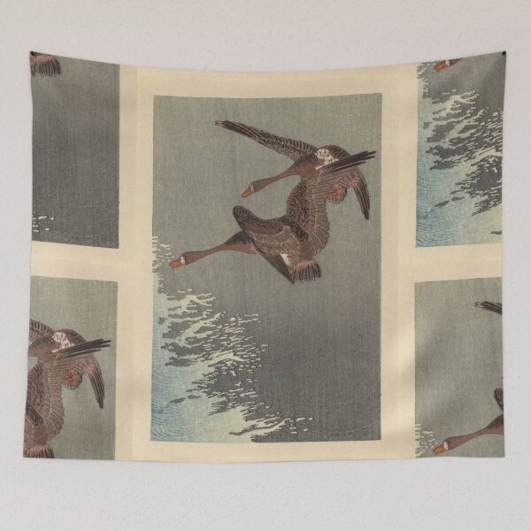 Item preview, Two White Fronted Geese Flying Above Water by Ohara Koson : Japanese Poster designed and sold by artofuniverse.