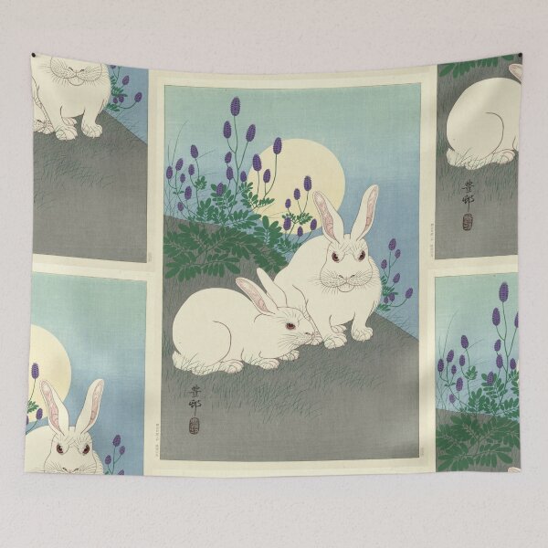 Item preview, Two White Rabbits at Full Moon by Ohara Koson : Shin Hanga Japanese Poster designed and sold by artofuniverse.