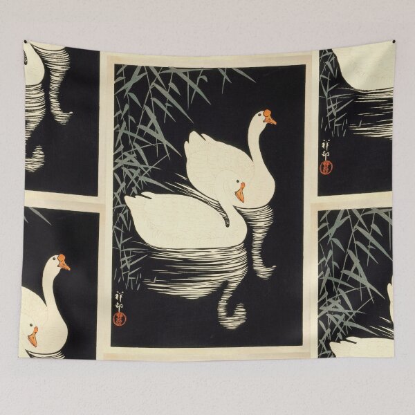 Item preview, White Chinese Geese Swimming By Reeds by Ohara Koson : Japandi Japanese Poster designed and sold by artofuniverse.