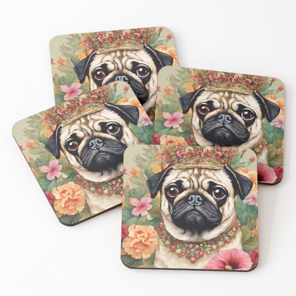 Item preview, Portrait of a pug with a flower crown and collar designed and sold by Mianku | Für das Leben.
