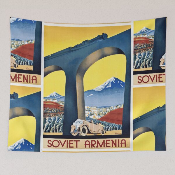 Item preview, Vintage Soviet Armenia Travel Poster | Art Deco Style | Industrial Progress & Cultural Pride | Train Viaduct  Mountains designed and sold by artofuniverse.