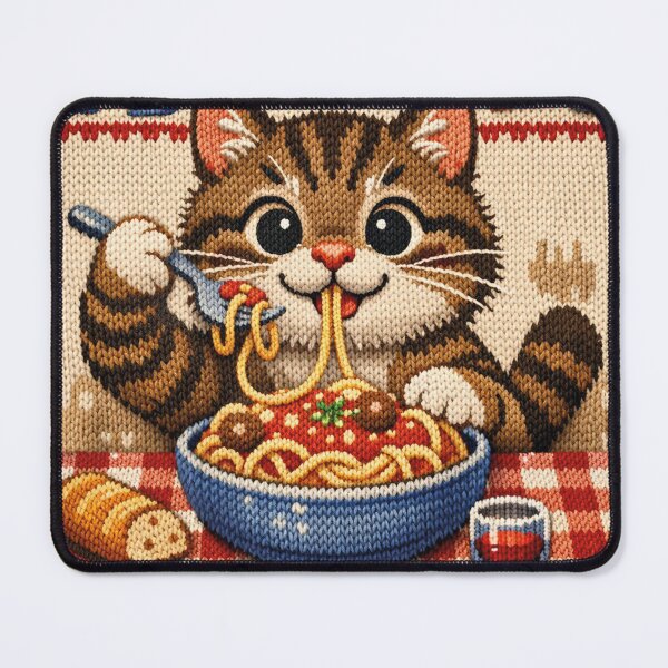 Item preview, Cat eating spaghetti, funny knitted picture designed and sold by Mauswohn.