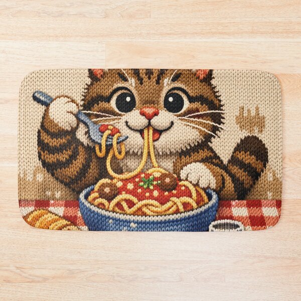 Item preview, Cat eating spaghetti, funny knitted picture designed and sold by Mauswohn.