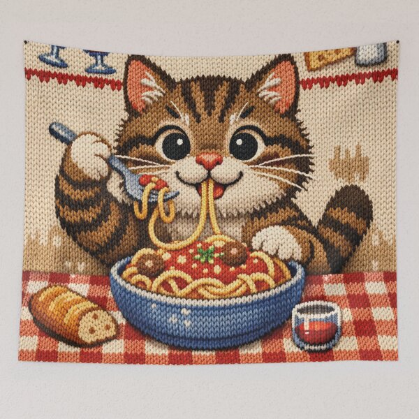 Item preview, Cat eating spaghetti, funny knitted picture designed and sold by Mauswohn.