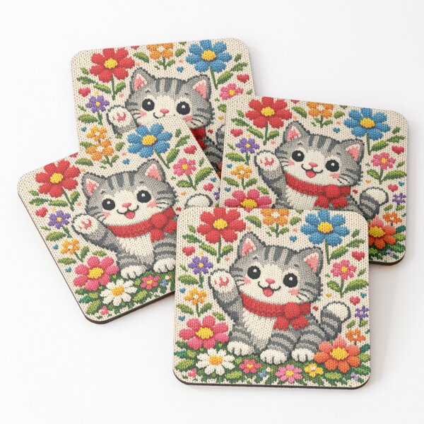 Item preview, small cat with flowers, beautiful knitted picture designed and sold by Mauswohn.