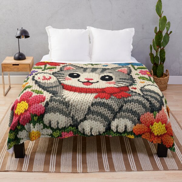 Item preview, small cat with flowers, beautiful knitted picture designed and sold by Mauswohn.