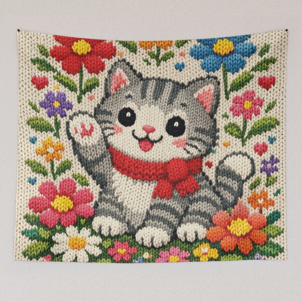 Item preview, small cat with flowers, beautiful knitted picture designed and sold by Mauswohn.