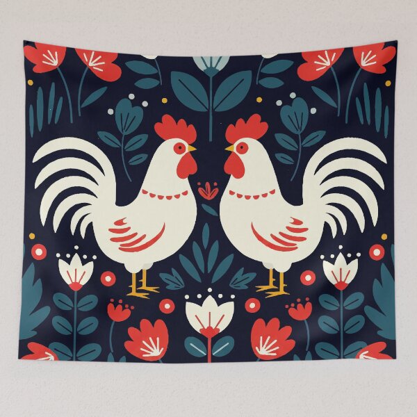 Item preview, White roosters in folkloristic style designed and sold by Design4uStudio.