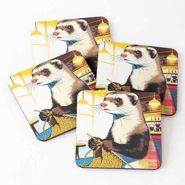 Item preview, Retro Pop Art Ferret Knitting in a Cafe | Vibrant 90s Aesthetic Fiber Art designed and sold by Cherrydora.