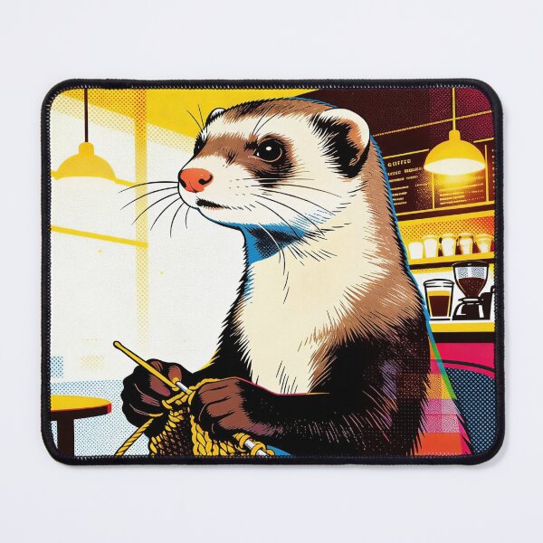 Item preview, Retro Pop Art Ferret Knitting in a Cafe | Vibrant 90s Aesthetic Fiber Art designed and sold by Cherrydora.
