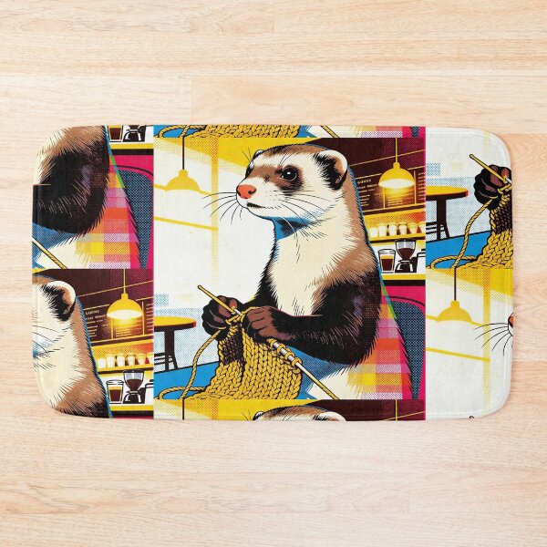 Item preview, Retro Pop Art Ferret Knitting in a Cafe | Vibrant 90s Aesthetic Fiber Art designed and sold by Cherrydora.