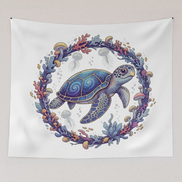 Item preview,  Cosmic Ocean Turtle in Ornate Circular Frame with Jellyfish and Mushrooms designed and sold by zoughlal.