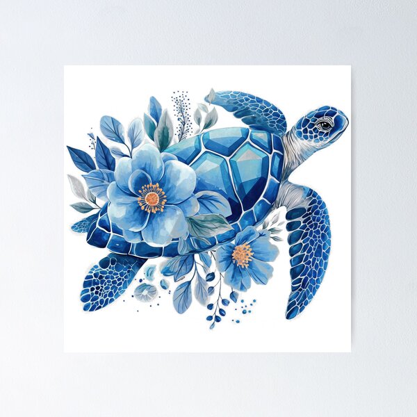 Item preview,  Elegant Blue Watercolor Turtle with Soft Floral Botanical Arrangement designed and sold by zoughlal.