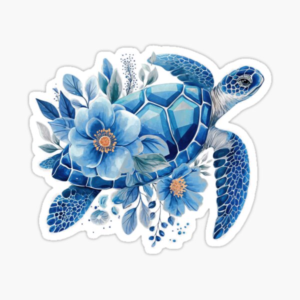 Artikelvorschau, Elegante blaue Aquarell-Schildkröte mit zartem floralem Arrangement entworfen und verkauft von zoughlal.