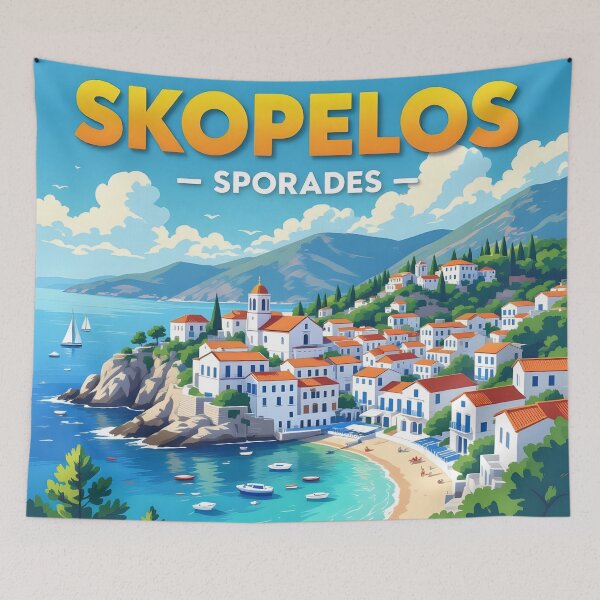 Item preview, Skopelos, Greece: Vintage-Style Painterly Travel Poster designed and sold by LSVart.