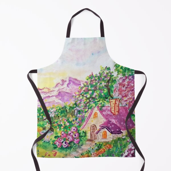 Item preview, Cute Pink Pixie Cottage with Mountains in a Whimsical Fairytale Landscape designed and sold by ZiehrArt.