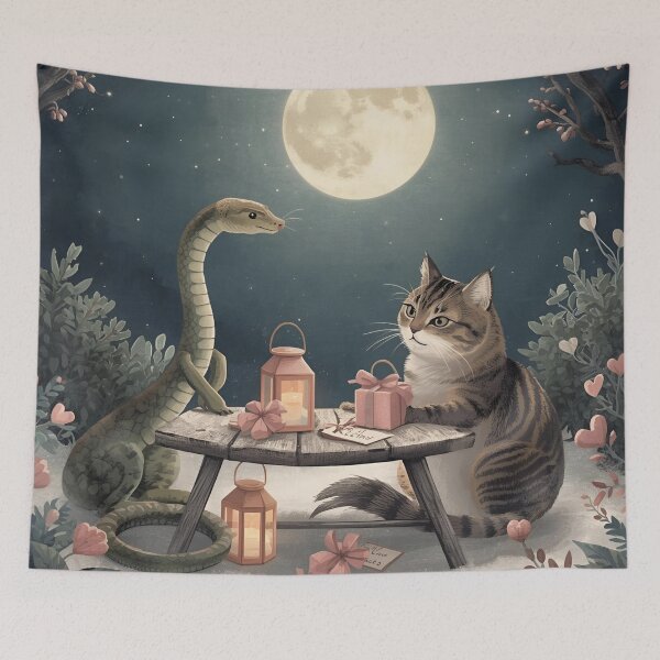 Item preview, Valentine’s Snake & Cat Couple • Whimsical Moonlit Garden Heart Prep Art designed and sold by WildlifeWhimsy.