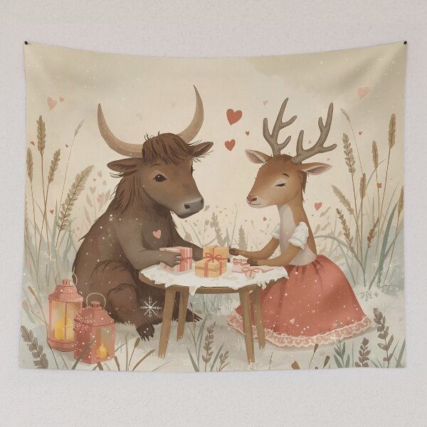 Item preview, Valentine’s Ox & Deer Couple • Whimsical Meadow Heart Prep Art designed and sold by WildlifeWhimsy.