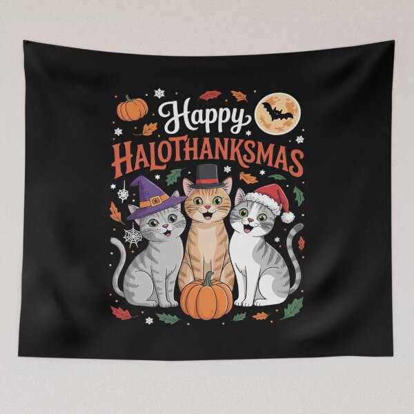 Item preview, Happy HalloThanksMas Cats Halloween Thanksgiving Christmas designed and sold by VerseFarm.