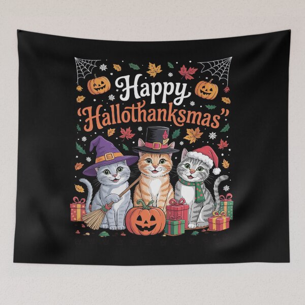 Item preview, Happy Hallothanksmas Cats Halloween Thanksgiving Christmas0  designed and sold by VerseFarm.