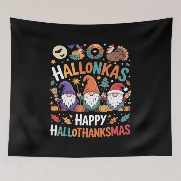 Item preview, Happy Hallothanksmas Christmas Halloween Gnomes Thanksgiving designed and sold by VerseFarm.