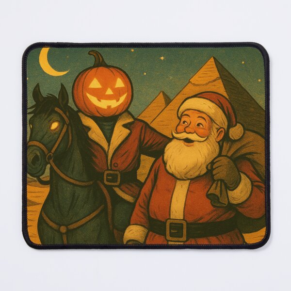 Item preview,  Headless Horseman and Santa Christmas Adventure at the Pyramids: Holiday Travel Art designed and sold by TheHorsemanRidesAgain.