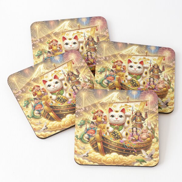 Item preview, Lucky Seven Gods Treasure Ship & Maneki Neko — Japanese New Year Blessing Art | Shichifukujin | Mori no Akari Series designed and sold by Mori-no-Akari.