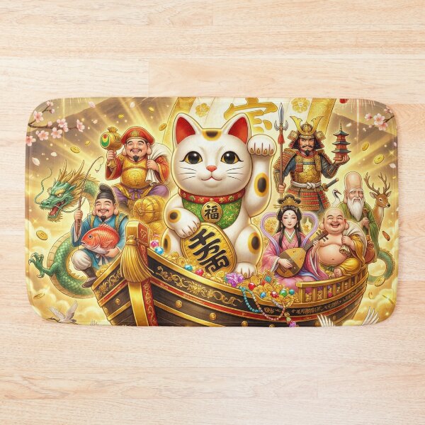 Item preview, Lucky Seven Gods Treasure Ship & Maneki Neko — Japanese New Year Blessing Art | Shichifukujin | Mori no Akari Series designed and sold by Mori-no-Akari.