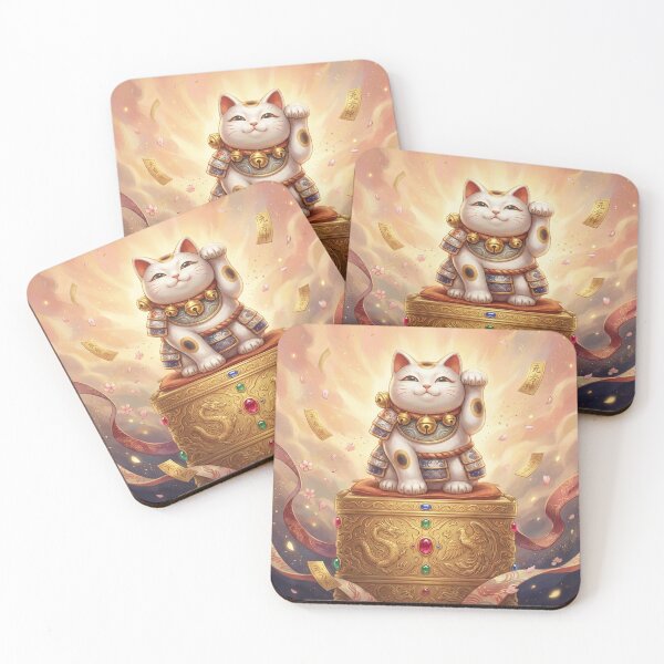 Item preview, Golden Maneki Neko of Blessings — Fortune Cat on Treasure Box | Japanese Lucky Charm Art | Mori no Akari Series designed and sold by Mori-no-Akari.
