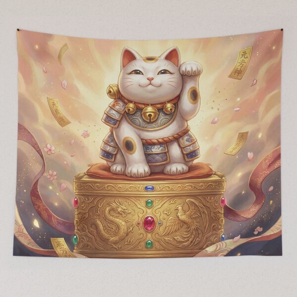 Item preview, Golden Maneki Neko of Blessings — Fortune Cat on Treasure Box | Japanese Lucky Charm Art | Mori no Akari Series designed and sold by Mori-no-Akari.