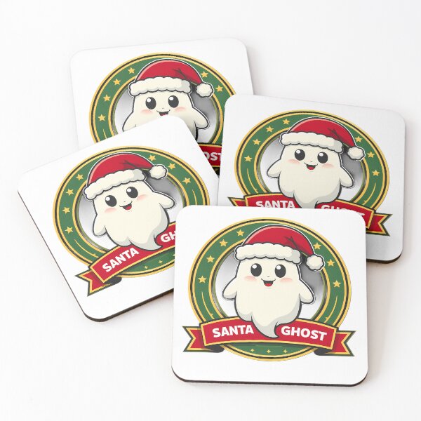 Item preview, Santa Ghost – Cute Christmas Cartoon Emblem with Stars and Ribbon Banner designed and sold by Glowaria.