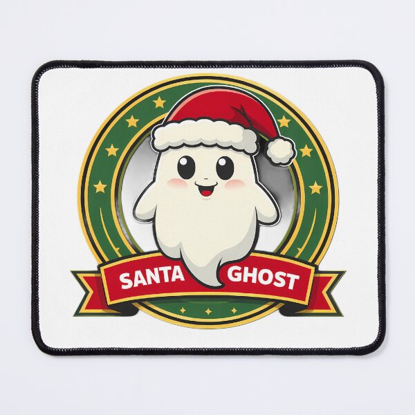 Item preview, Santa Ghost – Cute Christmas Cartoon Emblem with Stars and Ribbon Banner designed and sold by Glowaria.