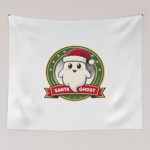 Item preview, Santa Ghost – Cute Christmas Cartoon Emblem with Stars and Ribbon Banner designed and sold by Glowaria.