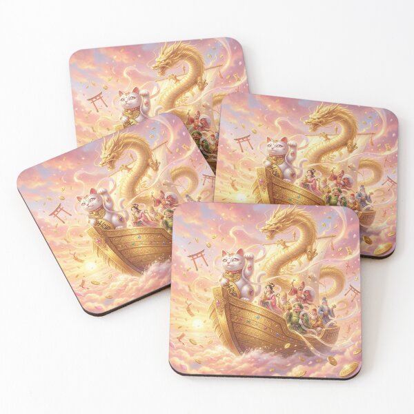 Item preview, Golden Dragon Treasure Ship — Seven Lucky Gods & Fortune Cat | Japanese Prosperity Art | Mori no Akari Series designed and sold by Mori-no-Akari.