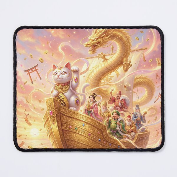 Item preview, Golden Dragon Treasure Ship — Seven Lucky Gods & Fortune Cat | Japanese Prosperity Art | Mori no Akari Series designed and sold by Mori-no-Akari.