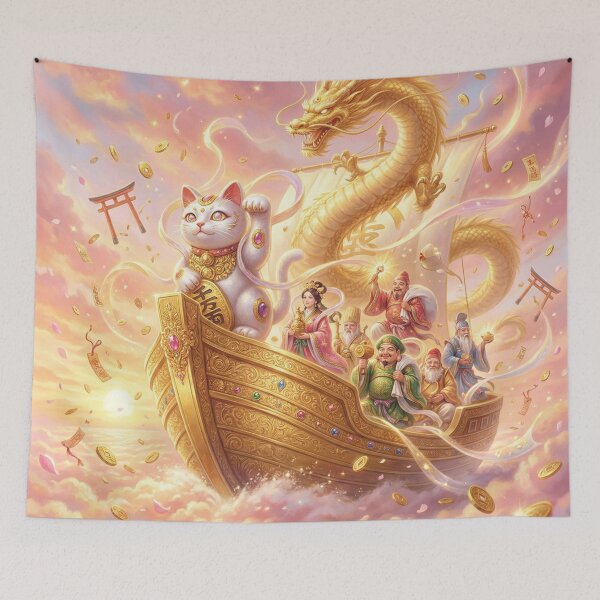 Item preview, Golden Dragon Treasure Ship — Seven Lucky Gods & Fortune Cat | Japanese Prosperity Art | Mori no Akari Series designed and sold by Mori-no-Akari.